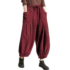 Corduroy Wide Leg Pants with Elastic Waist and Pockets